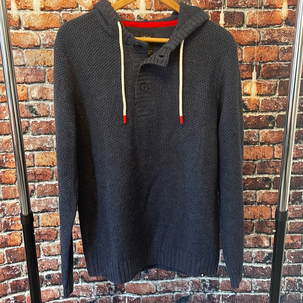 Union Men's Henley Hoodie hooded sweater pullover Size Large blue woven